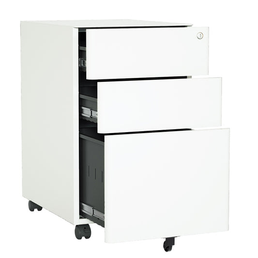 Steel 3 Drawer Pedestal Mobile Filing Cabinets Arc Handle With Lock - White