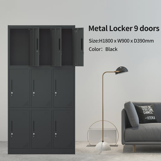 Steel 9 Door Locker Cupboard Storage Cabinet Inner Handle With Lock - Black