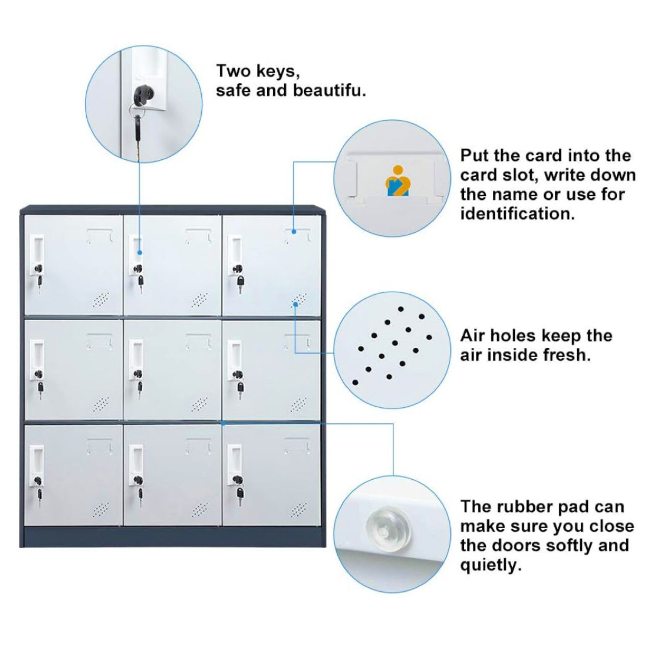 Steel Small Size 9 Door Locker Cupboard Storage Cabinet Inner Handle With Lock - Slat Grey and Light Grey
