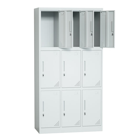 Steel 9 Door Locker Cupboard Storage Cabinet Inner Handle With Lock - Light Grey