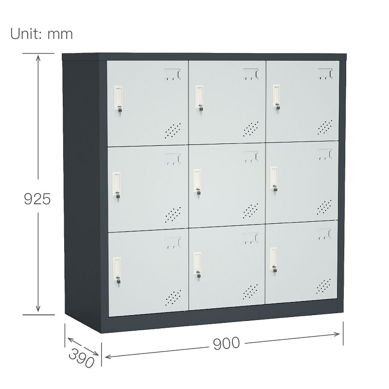 Steel Small Size 9 Door Locker Cupboard Storage Cabinet Inner Handle With Lock - Slat Grey and Light Grey