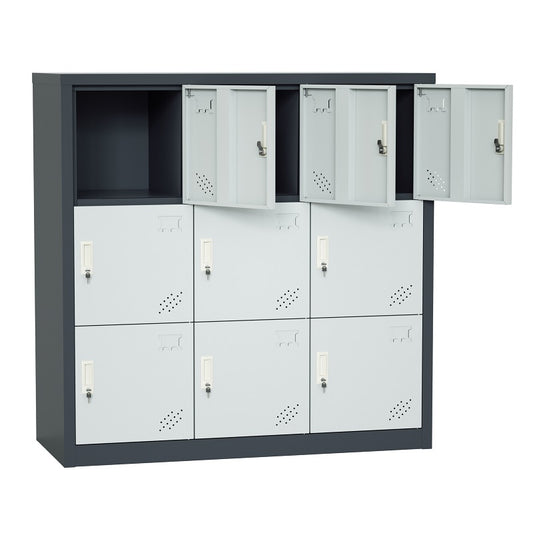 Steel Small Size 9 Door Locker Cupboard Storage Cabinet Inner Handle With Lock - Slat Grey and Light Grey