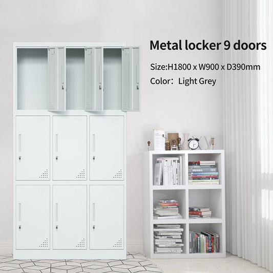 Steel 9 Door Locker Cupboard Storage Cabinet Inner Handle With Lock - Light Grey