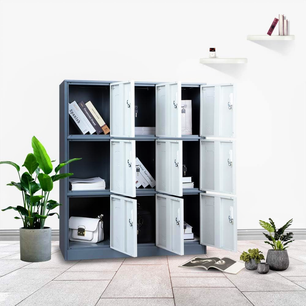 Steel Small Size 9 Door Locker Cupboard Storage Cabinet Inner Handle With Lock - Slat Grey and Light Grey