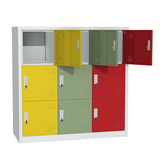 Steel Small Size 9 Door Locker Cupboard Storage Cabinet Inner Handle With Lock - Multicolor and Light Grey