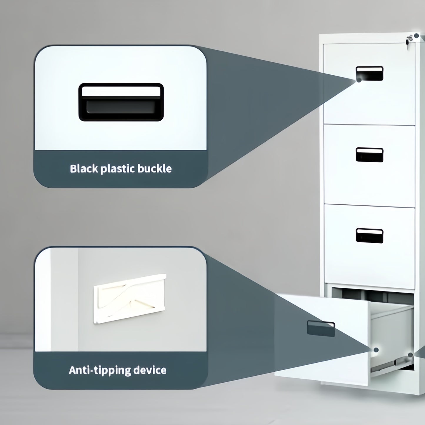 Steel Vertical 4 Drawer Filing Cabinet Cupboard Locker With Black Inner Handle - Light Grey