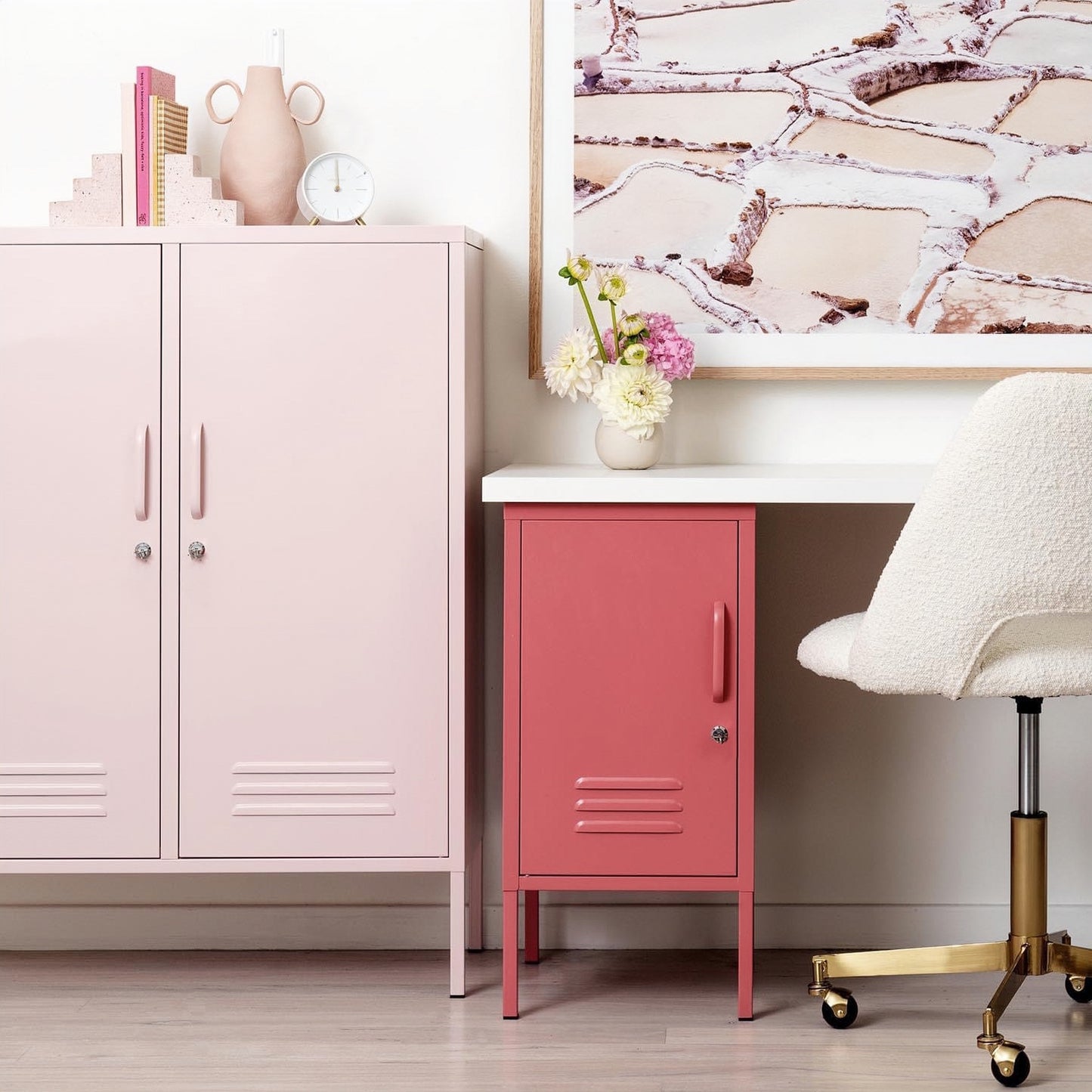 Steel Swing Door Sideboard Midi Locker Storage Cabinet Cupboard - Peach Pink