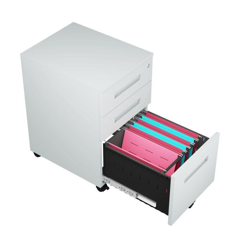 Steel 3 Drawer Pedestal Mobile Filing Cabinets Inner Handle With Lock - Light Grey