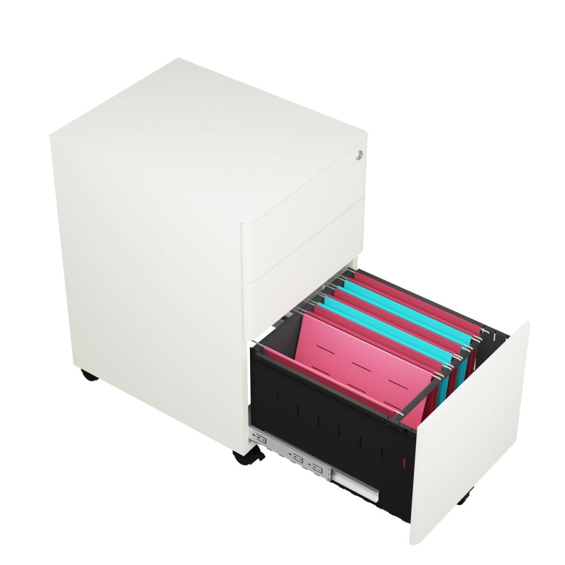 Steel 3 Drawer Pedestal Mobile Filing Cabinets Arc Handle With Lock - White