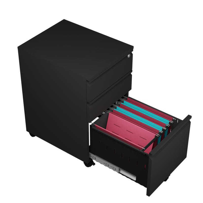 Steel 3 Drawer Swan Handle Mobile Pedestal Filing Cabinet Locker - Black
