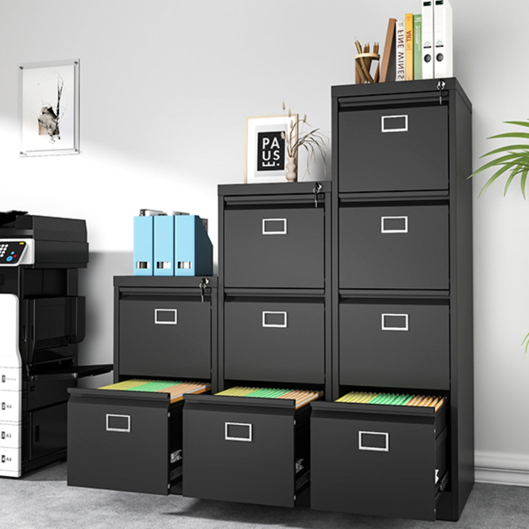 Steel Vertical 2 Drawer Filing Cabinet Cupboard Locker Swan Handle With Card Slots - Black