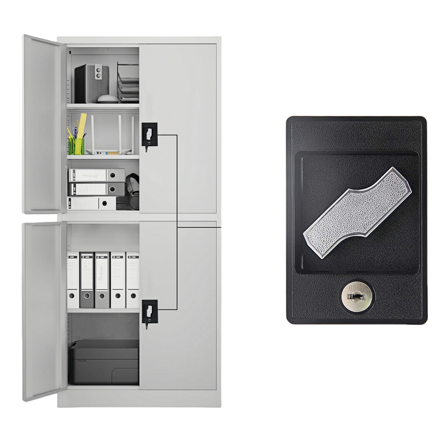 Steel 4 Door Filing Cabinet Storage Cupboard With 3-Point Lock - Light Grey
