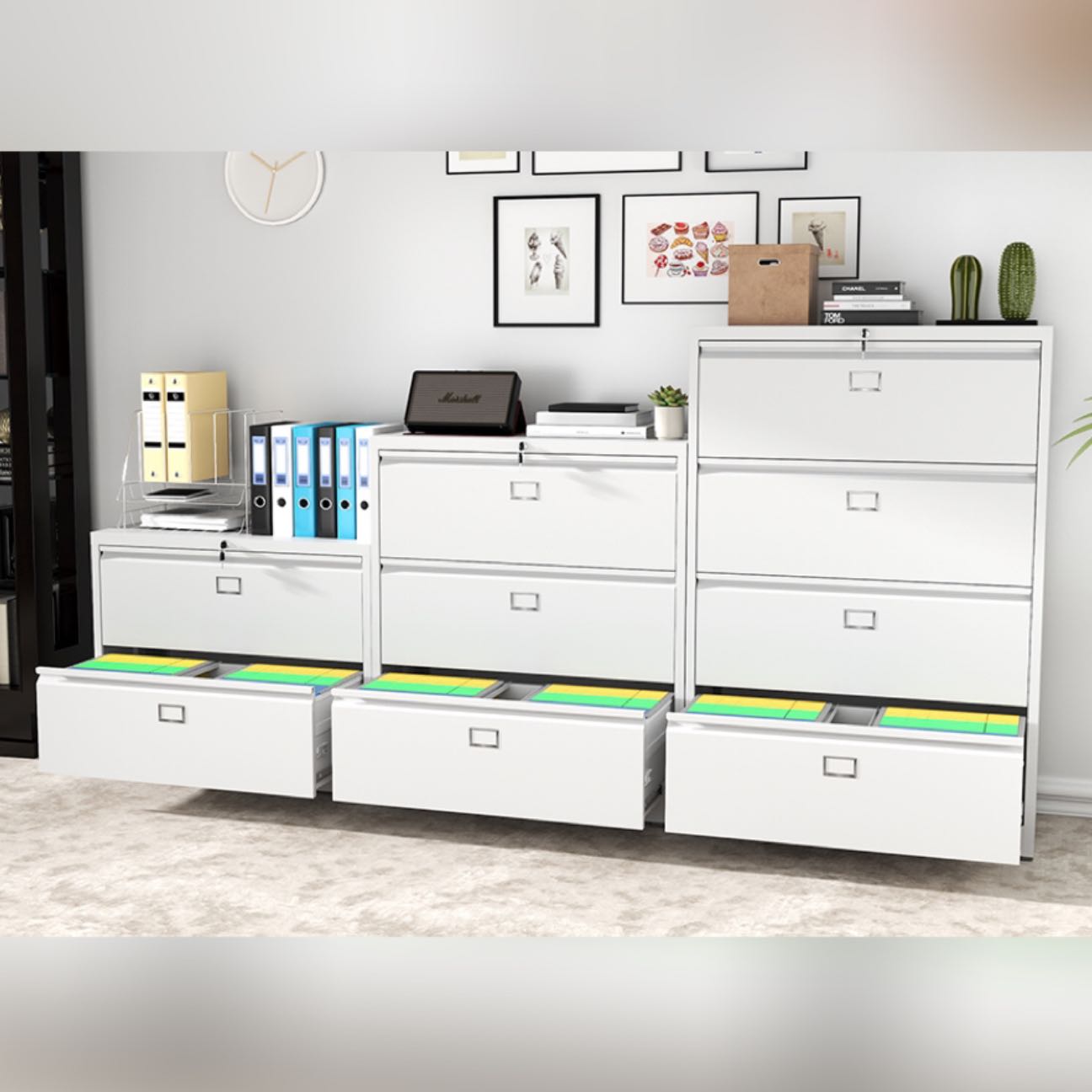 Steel Lateral 4 Drawer Filing Cabinet Cupboard Locker Swan Handle With Card Slots - White