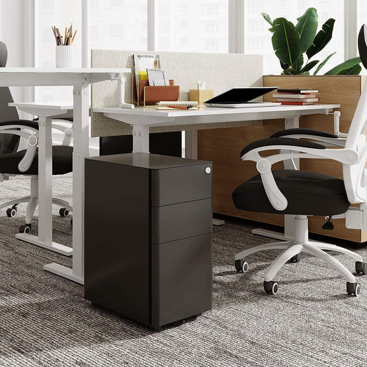 Steel 3 Drawer Pedestal Mobile Filing Cabinets Arc Handle With Lock - Black