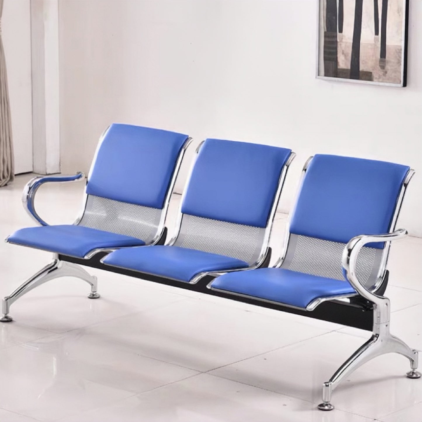 Steel Chrome Upholstered 3 Seater Waiting Area Reception Chairs - Blue