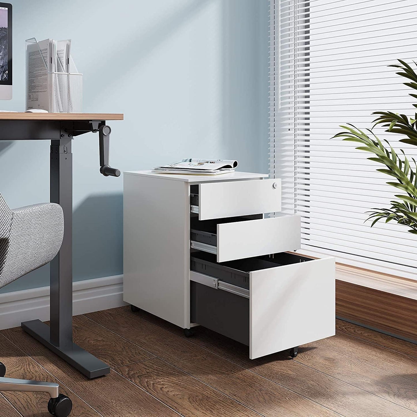 Steel 3 Drawer Pedestal Mobile Filing Cabinets Side Handle With Lock - Light Grey