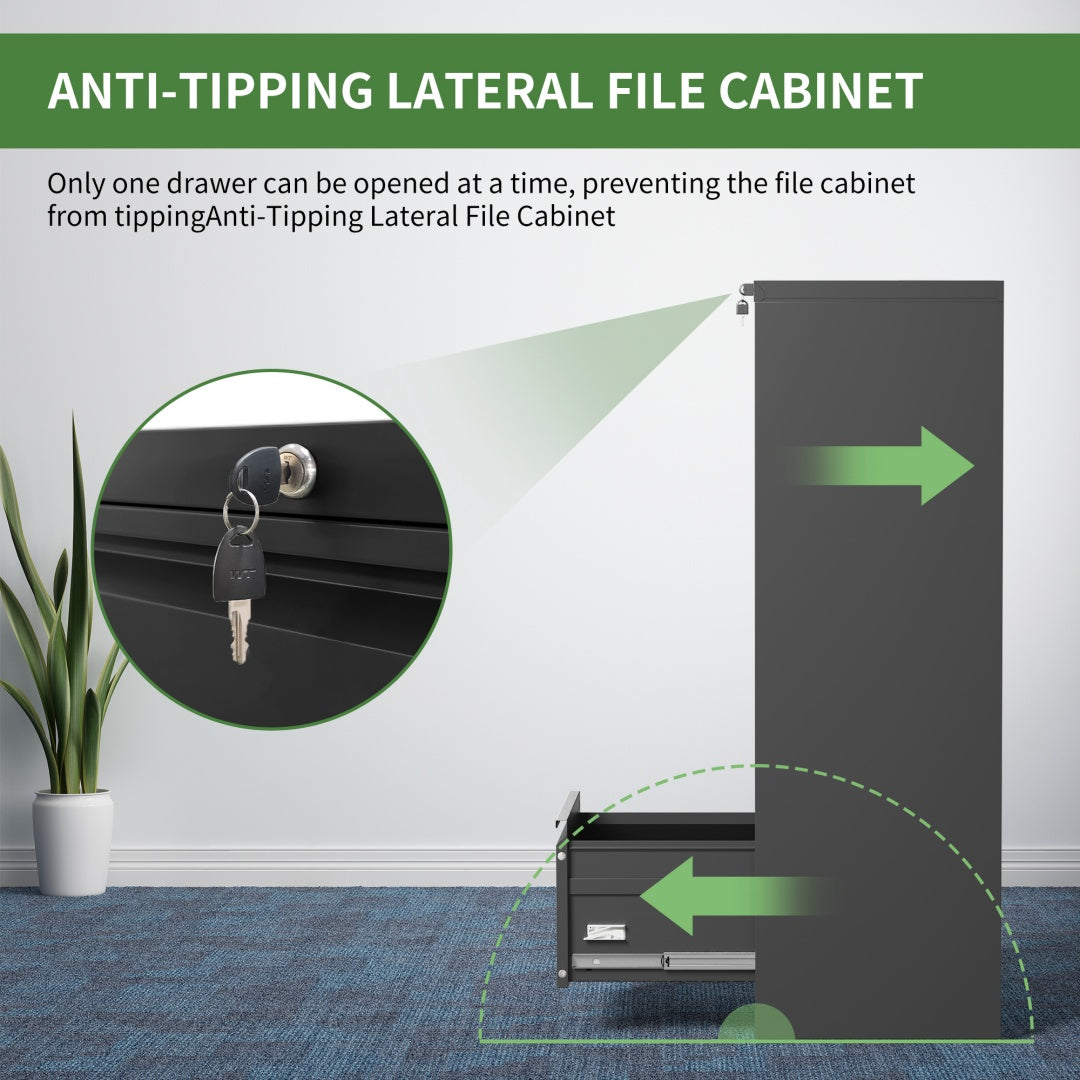 Steel Lateral 4 Drawer Filing Cabinet Cupboard Locker Swan Handle With Card Slots - Black