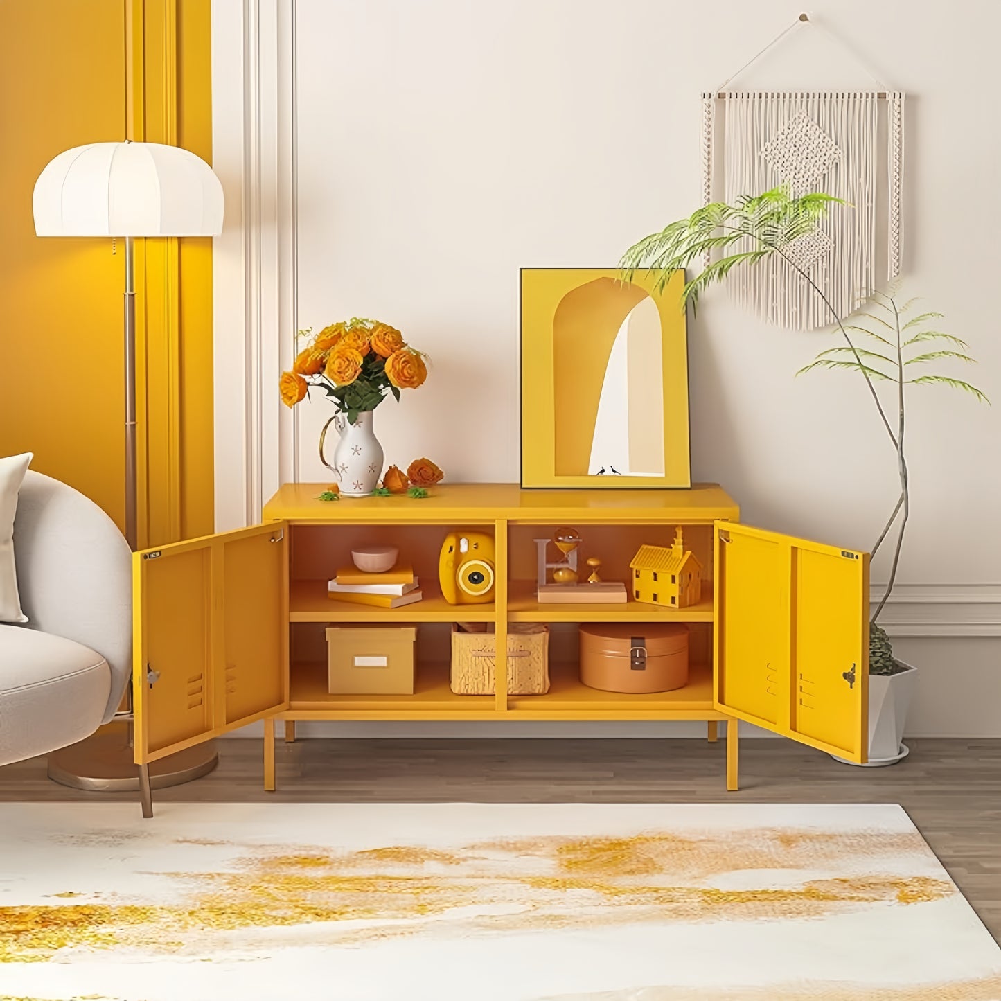 Steel Swing Door TV Stand Locker Lowdown Storage Cabinet Cupboard - Mustard Yellow