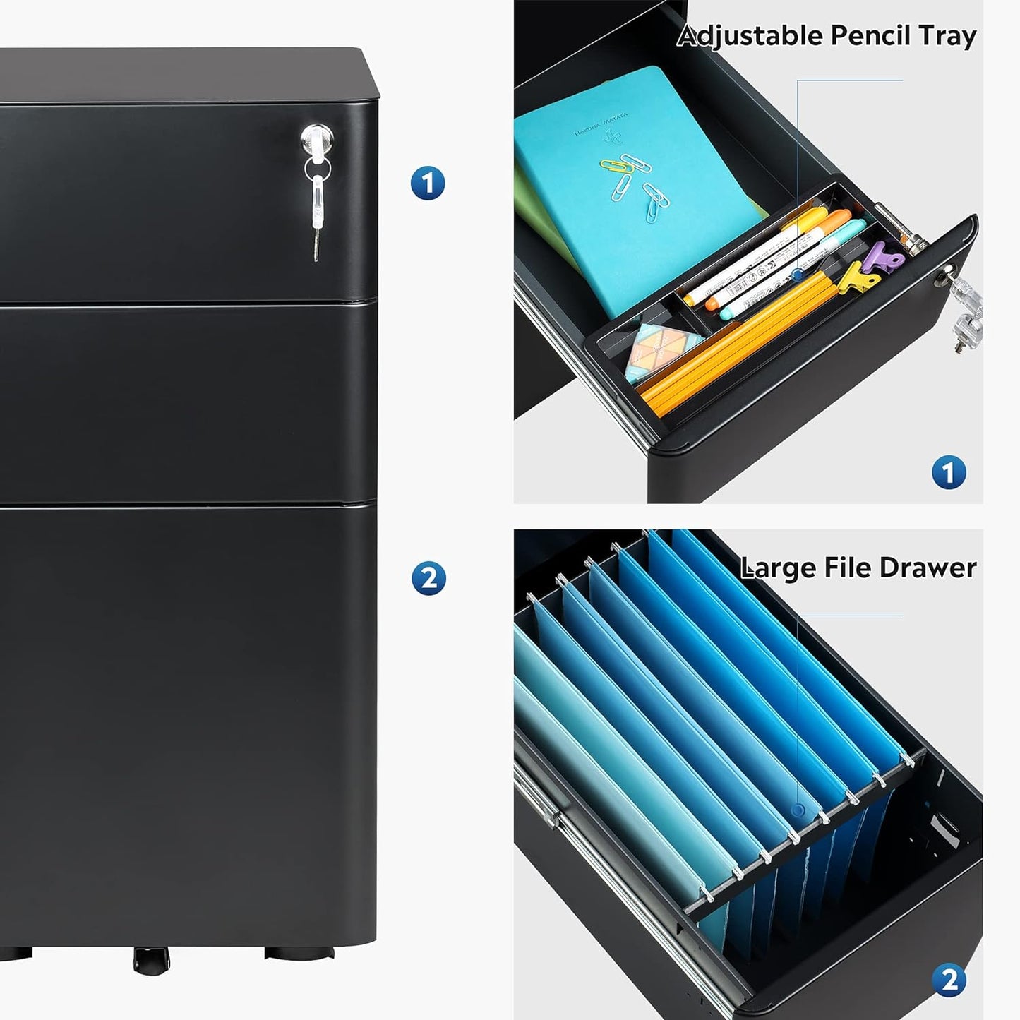 Steel 3 Drawer Arc Handle Mobile Pedestal Filing Cabinet Locker - Black