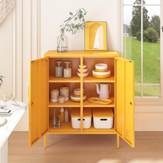 Steel Swing Door Sideboard Midi Locker Storage Cabinet Cupboard - Mustard Yellow