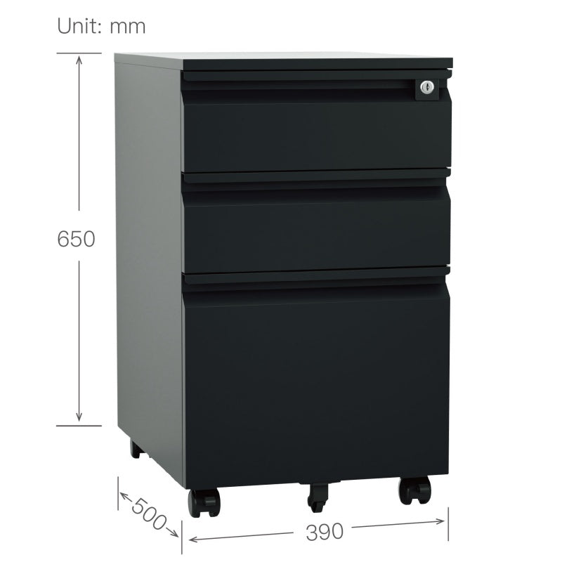 Steel 3 Drawer Pedestal Mobile Filing Cabinets Swan Handle With Lock - Black
