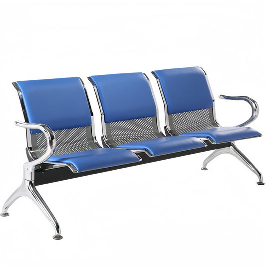Steel Chrome Upholstered 3 Seater Waiting Area Reception Chairs - Blue
