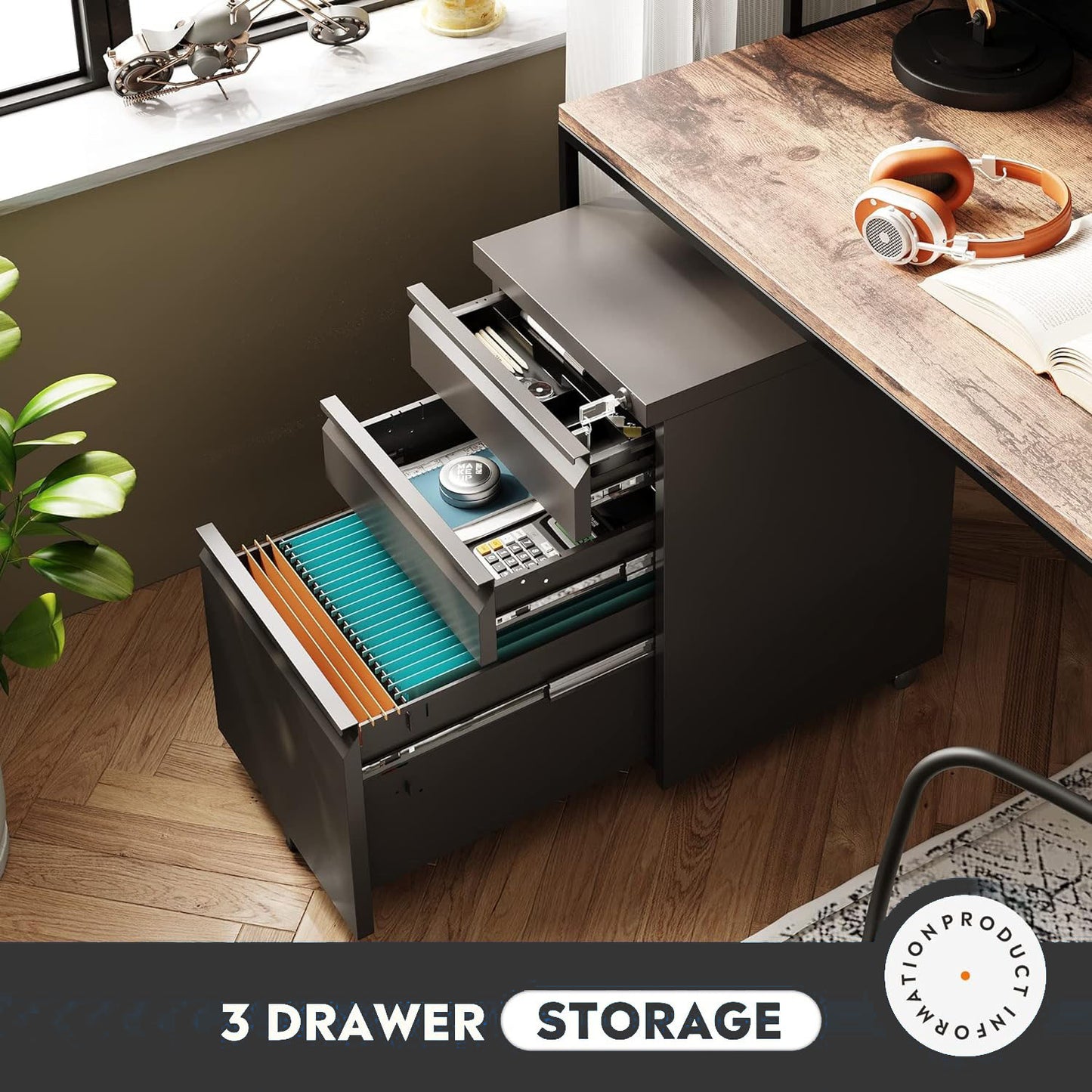 Steel 3 Drawer Swan Handle Mobile Pedestal Filing Cabinet Locker - Black