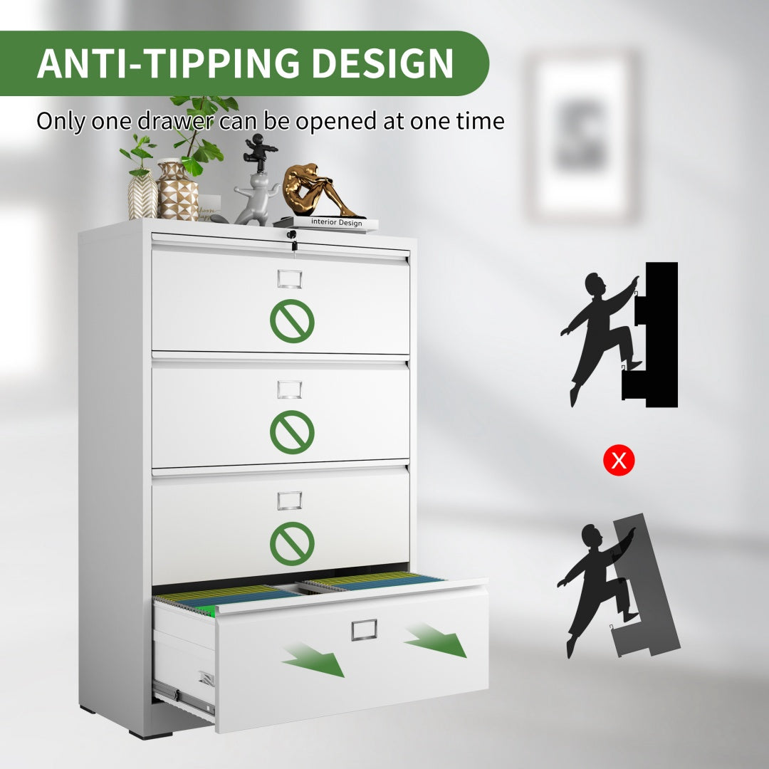 Steel Lateral 4 Drawer Filing Cabinet Cupboard Locker Swan Handle With Card Slots - White