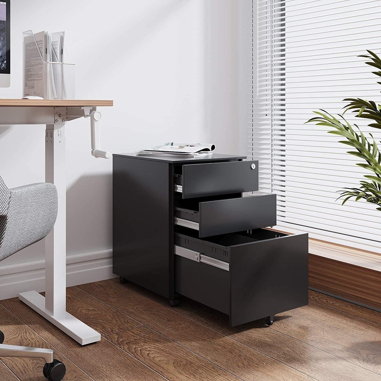 Steel 3 Drawer Pedestal Mobile Filing Cabinets Side Handle With Lock - Black