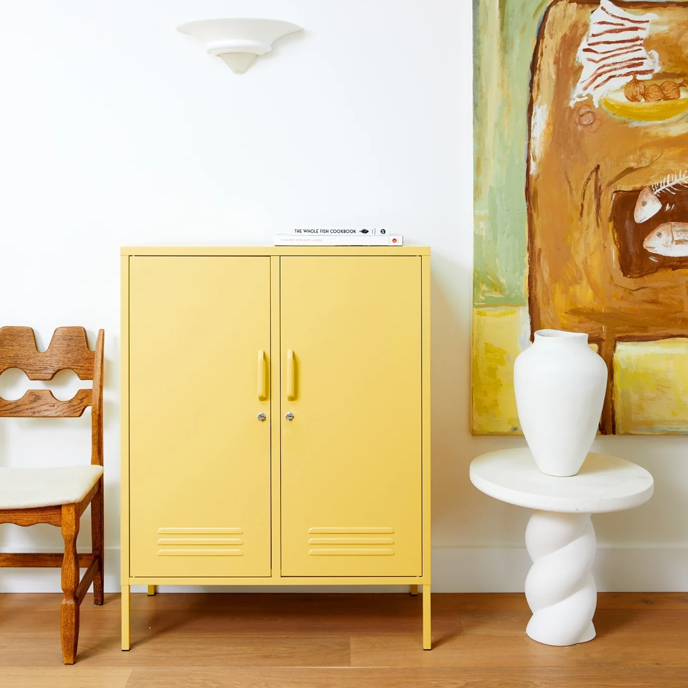 Steel Midi Sideboard Metal Locker Adjustable Shelves Storage Cabinet - Butter Yellow