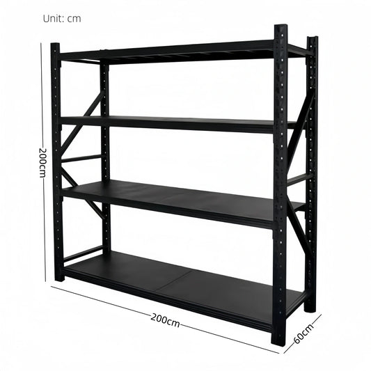 Steel 250kg Heavy Duty 4 Shelf Industrial Shelving Adjustable Storage Racks - Matte Black