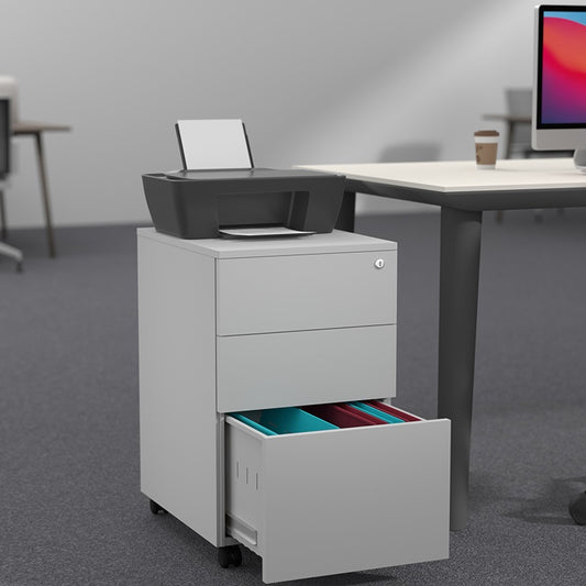 Steel 3 Drawer Lockable Mobile File Cabinets For Office/Home - Side Handle - Light Grey