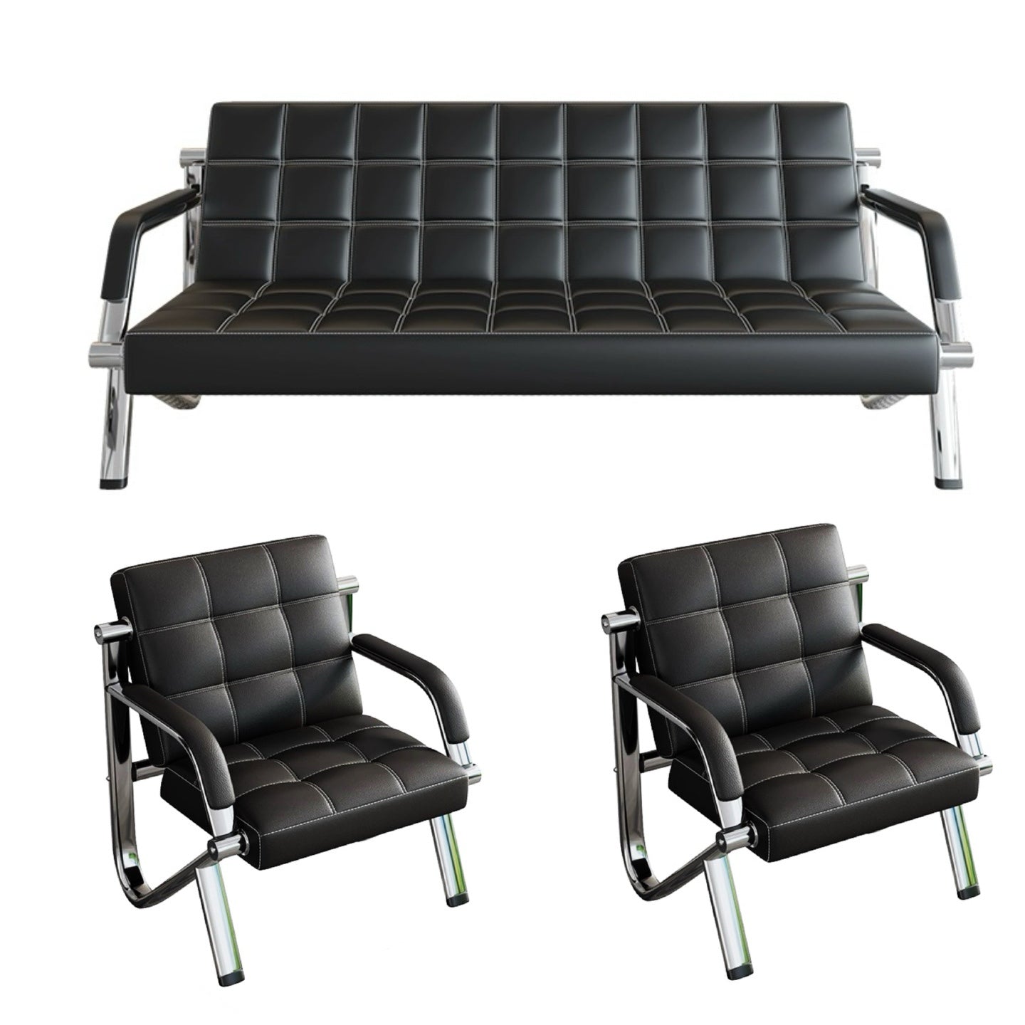 Steel Chrome Waiting Area Reception Sofa Office/Home Couch Suite - Black