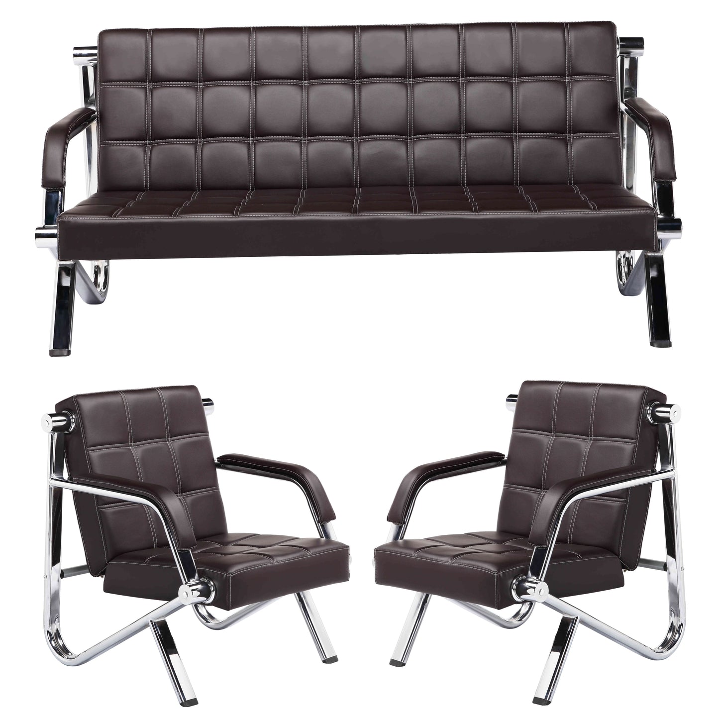 Steel Chrome Waiting Area Reception Sofa Office/Home Couch Suite - Brown