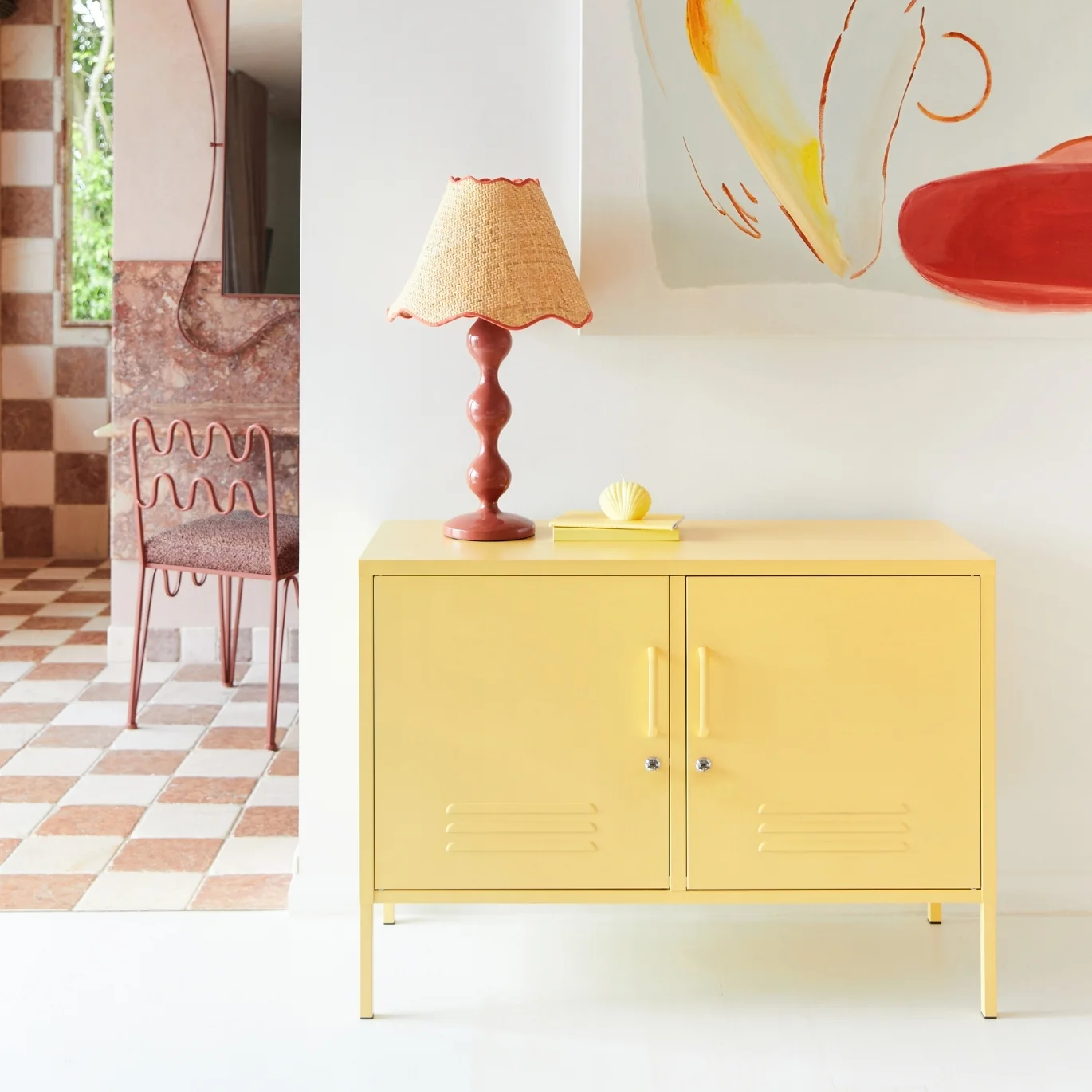 Steel TV Stand Metal Locker Adjustable Shelves Sideboard Storage Cabinet - Butter Yellow