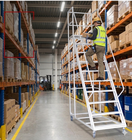 Steel 10 Step Mobile Rolling Safety Ladder Warehouse Access Ladder - Light Grey