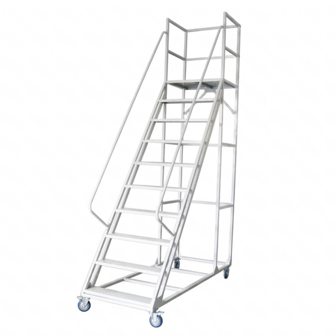 Steel 10 Step Mobile Rolling Safety Ladder Warehouse Access Ladder - Light Grey