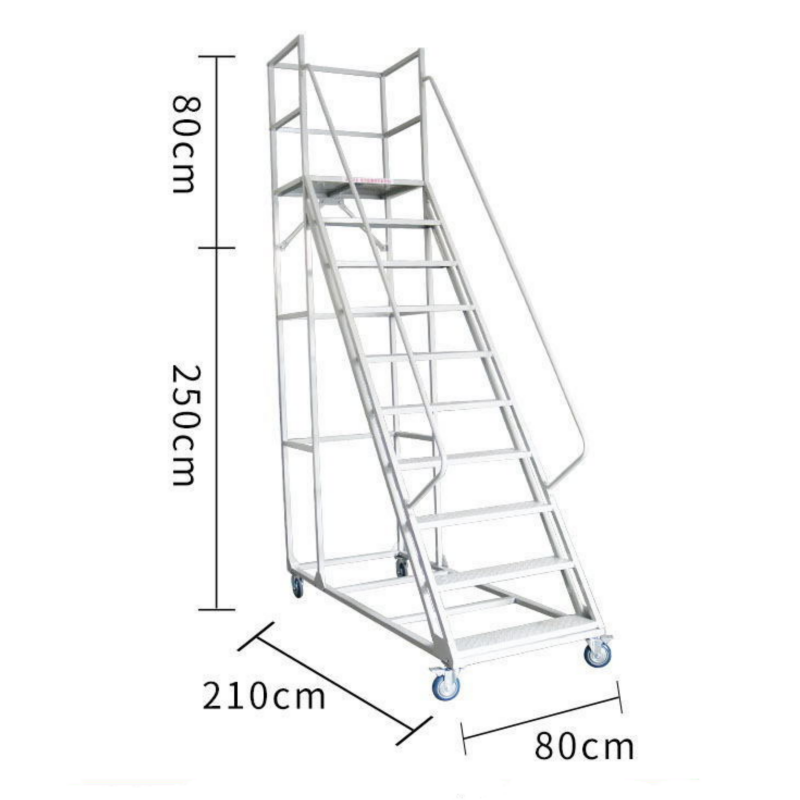 Steel 10 Step Mobile Rolling Safety Ladder Warehouse Access Ladder - Light Grey