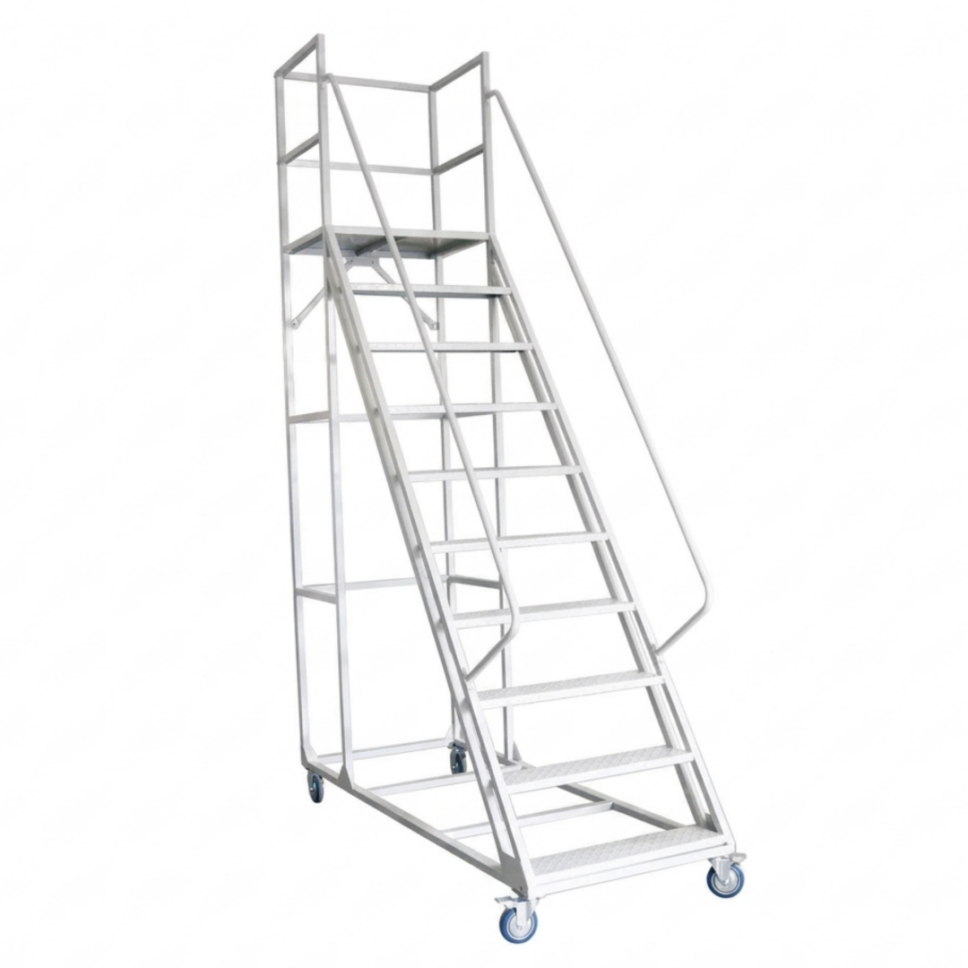 Steel 10 Step Mobile Rolling Safety Ladder Warehouse Access Ladder - Light Grey