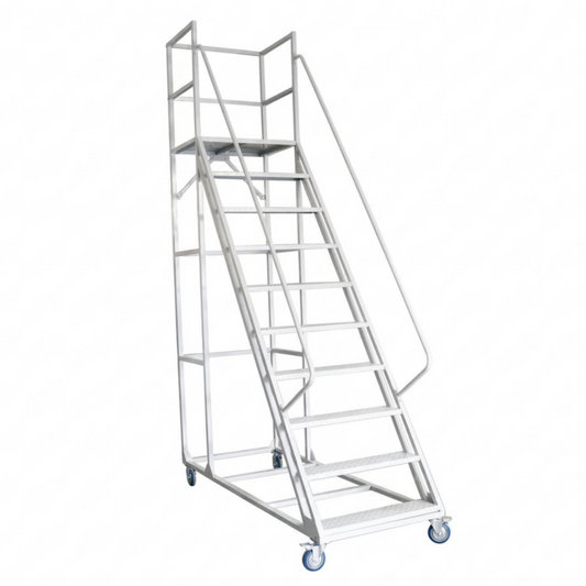 Steel 10 Step Mobile Rolling Safety Ladder Warehouse Access Ladder - Light Grey