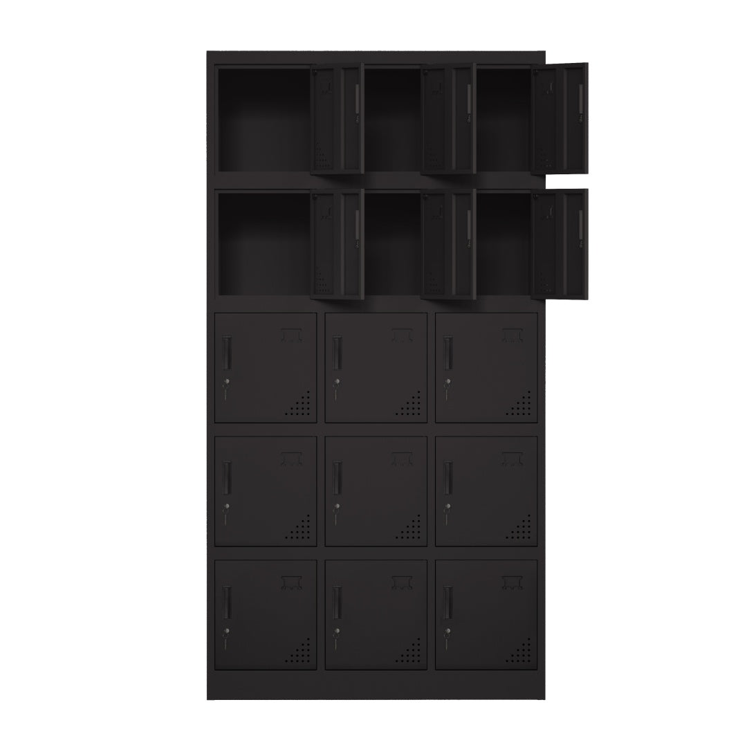 Steel 15 Door Locker Cupboard Storage Cabinet Inner Handle With Lock - Black