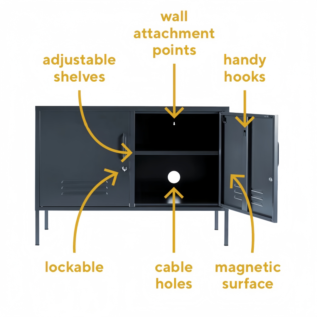 Steel Swing Door TV Stand Locker Lowdown Storage Cabinet Cupboard - Black