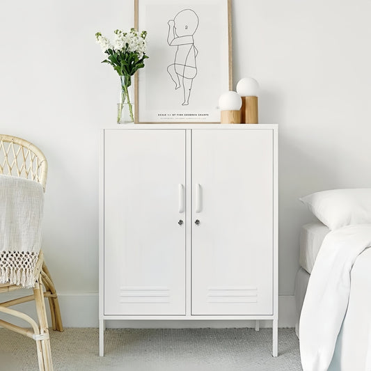 Steel Swing Door Sideboard Midi Locker Storage Cabinet Cupboard - White