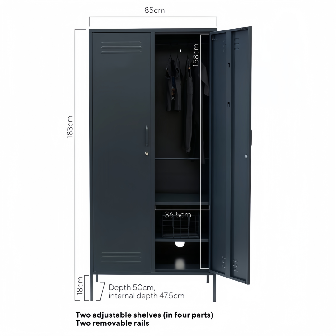 Steel Swing Door Wardrobe Twinny Locker Storage Cabinet Cupboard - Black