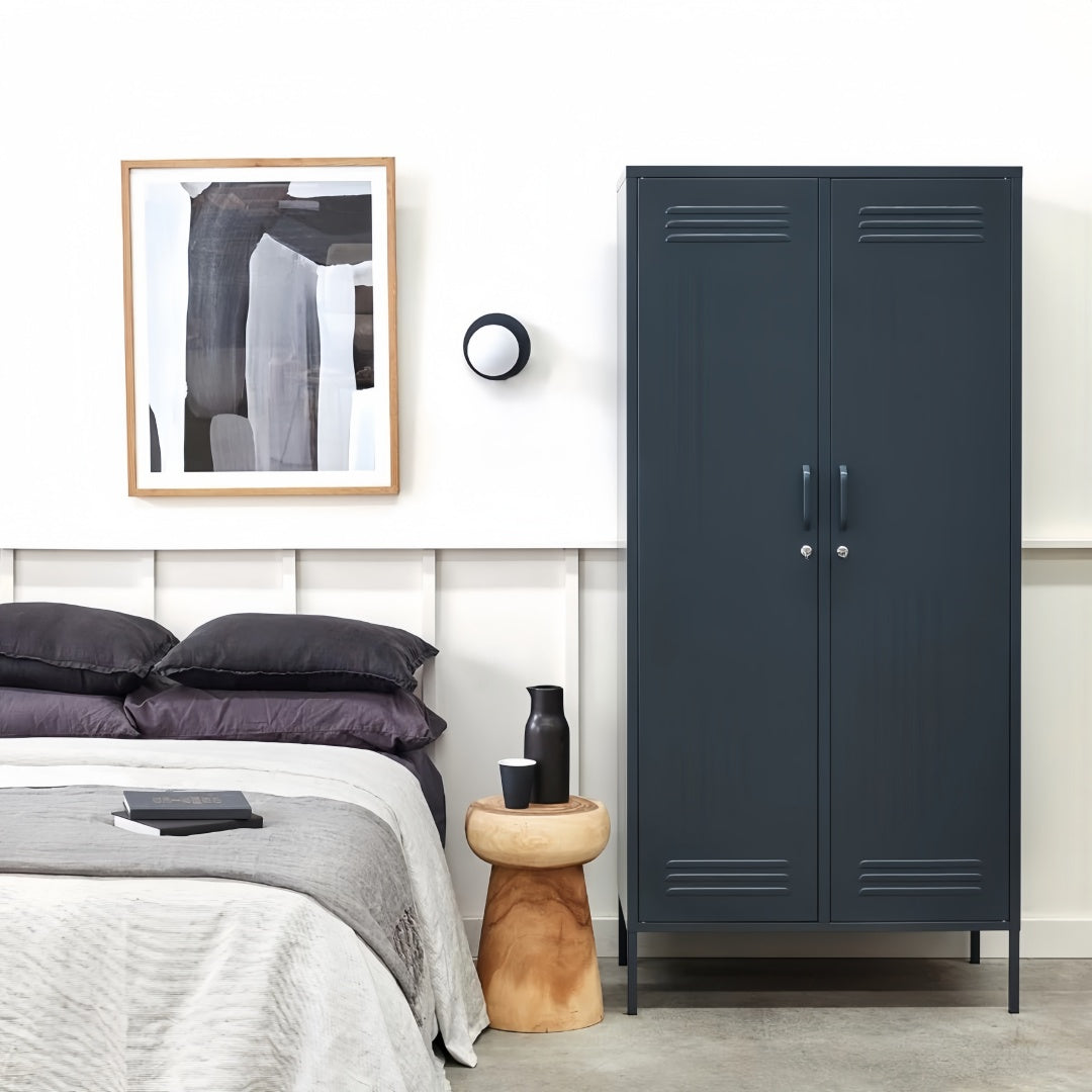 Steel Swing Door Wardrobe Twinny Locker Storage Cabinet Cupboard - Black