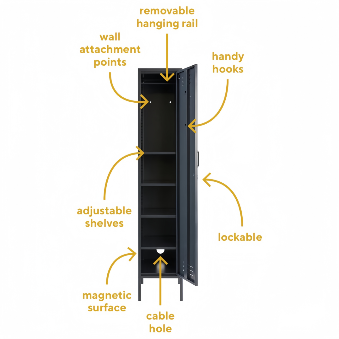 Steel Single Door Wardrobe Skinny Locker Storage Cabinet Cupboard - Black
