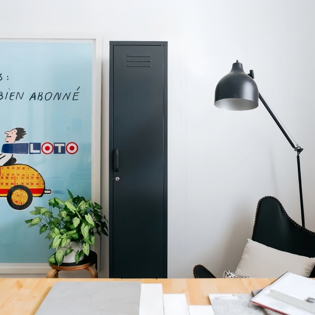 Steel Skinny Wardrobe Metal Locker Adjustable Shelves Storage Cabinet - Black