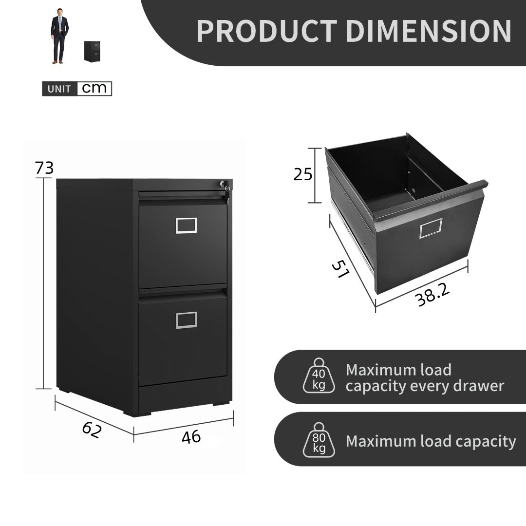 Steel Big Size Vertical 2 Drawer Filing Cabinet Cupboard Locker Swan Handle With Card Slots