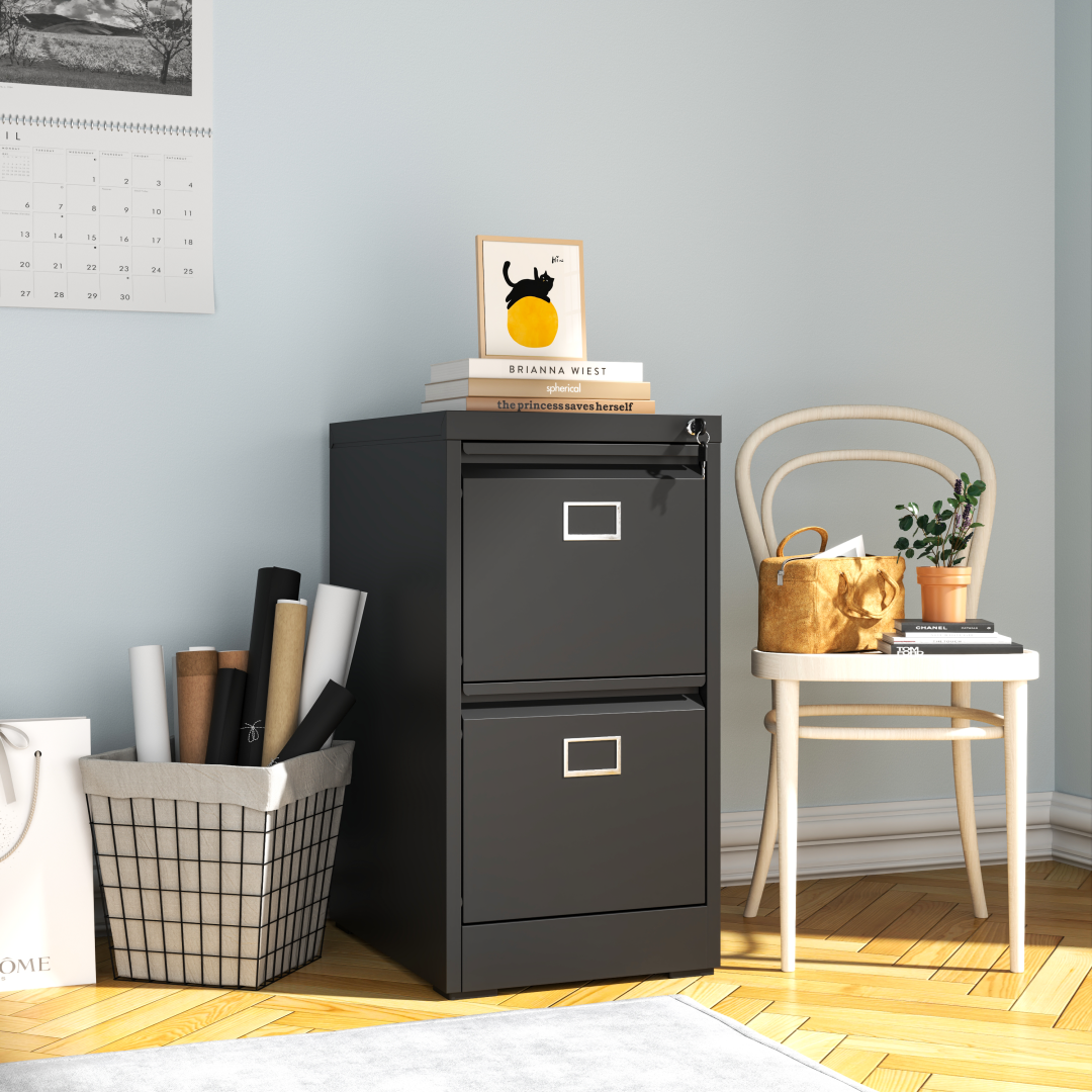 Steel Big Size Vertical 2 Drawer Filing Cabinet Cupboard Locker Swan Handle With Card Slots