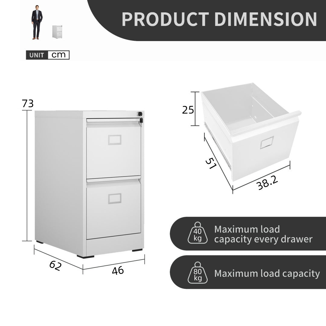 Steel Big Size Vertical 2 Drawer Filing Cabinet Cupboard Locker Swan Handle With Card Slots